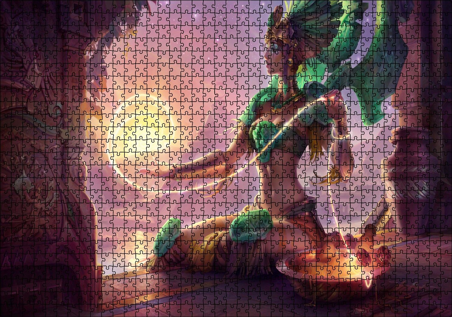 Güneşi Ören Yeşil Kıyafetli Melek Puzzle Yapboz MDF Ahşap 1000 Parça 49 cm X 68 cm