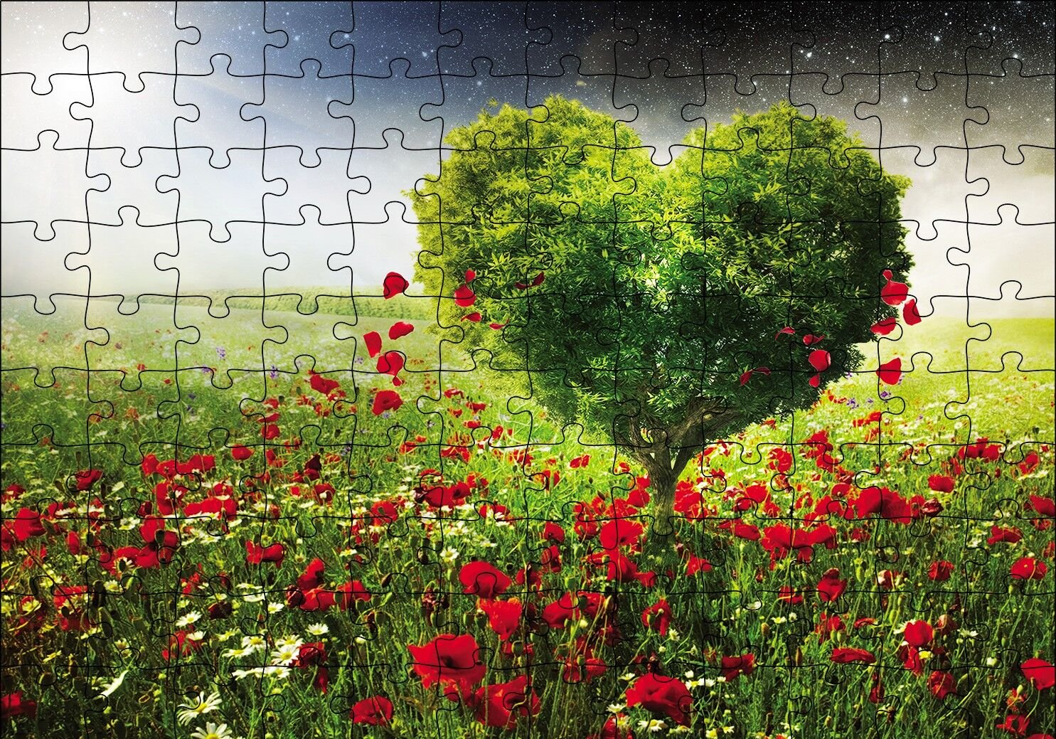 Gelincik Tarlası Kalp Şeklinde Ağaç Puzzle Yapboz MDF Ahşap