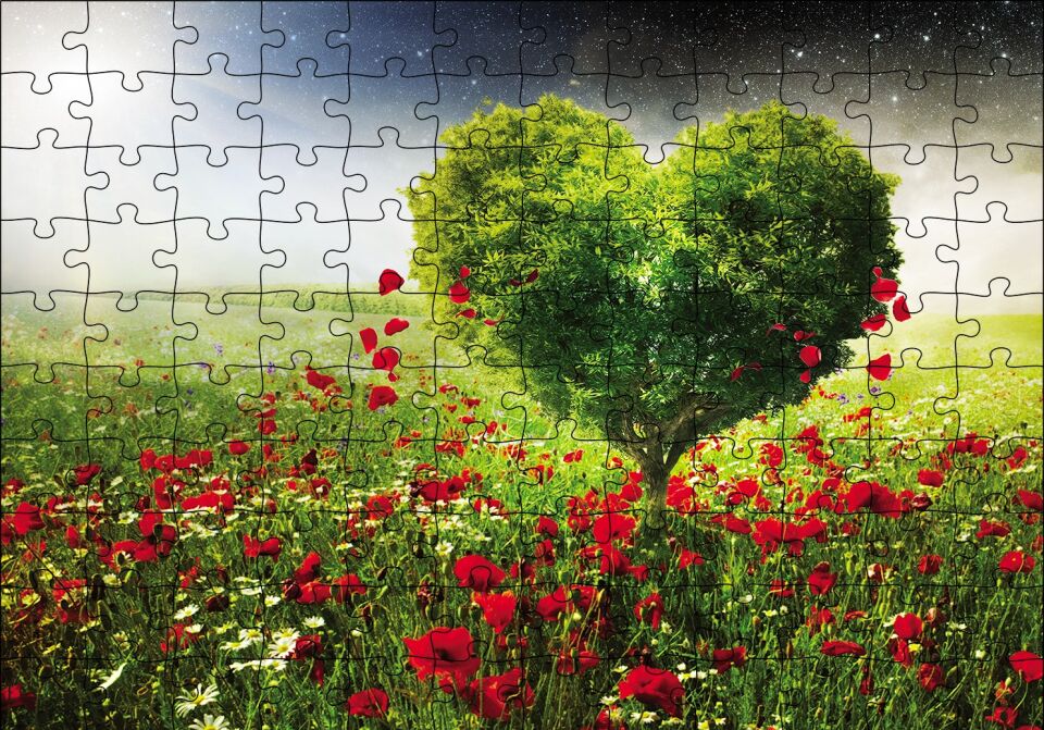 Gelincik Tarlası Kalp Şeklinde Ağaç Puzzle Yapboz MDF Ahşap