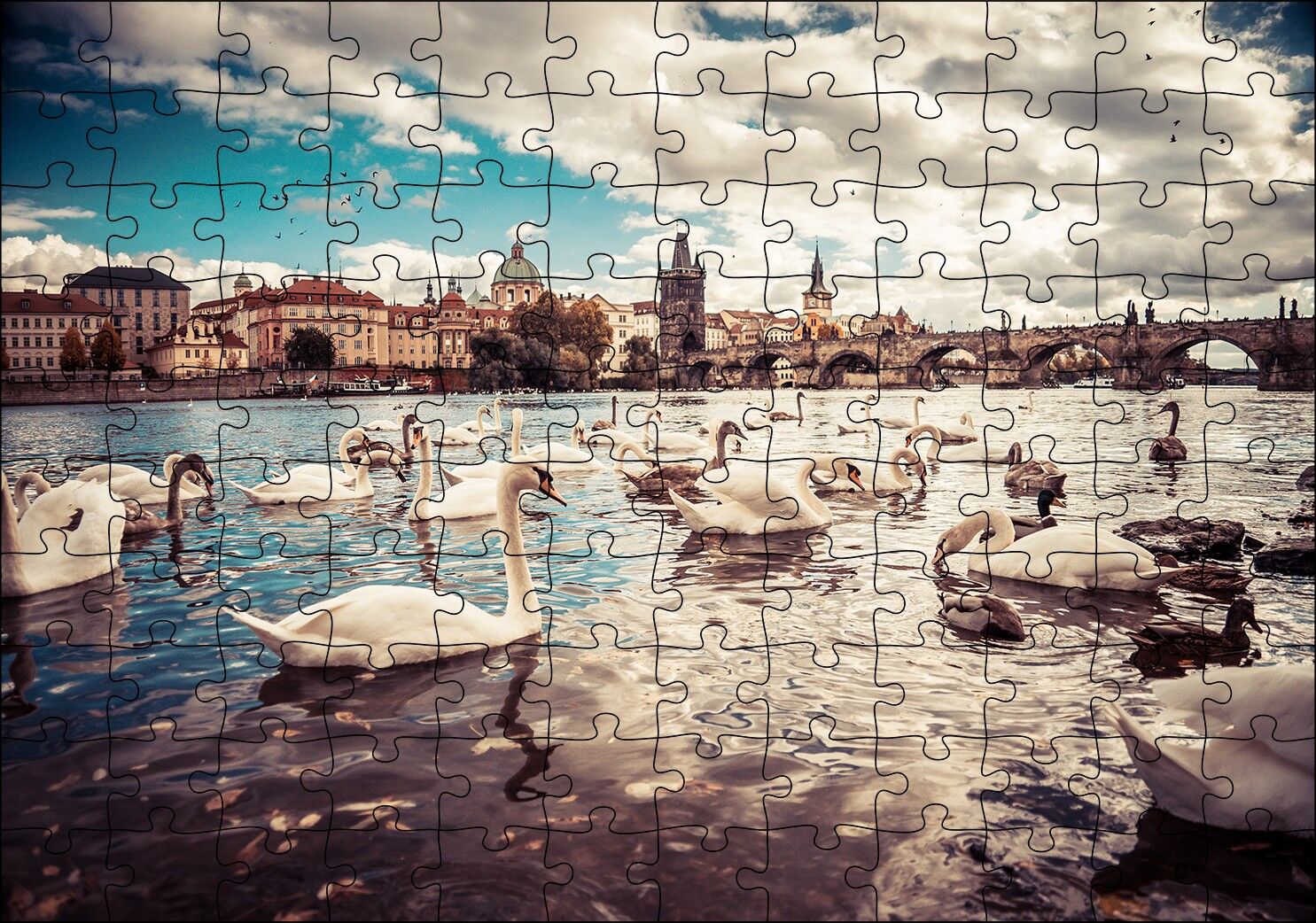 Prag Charles Köprüsü ve Kuğular Puzzle Yapboz MDF Ahşap 120 Parça 24 cm X 34 cm