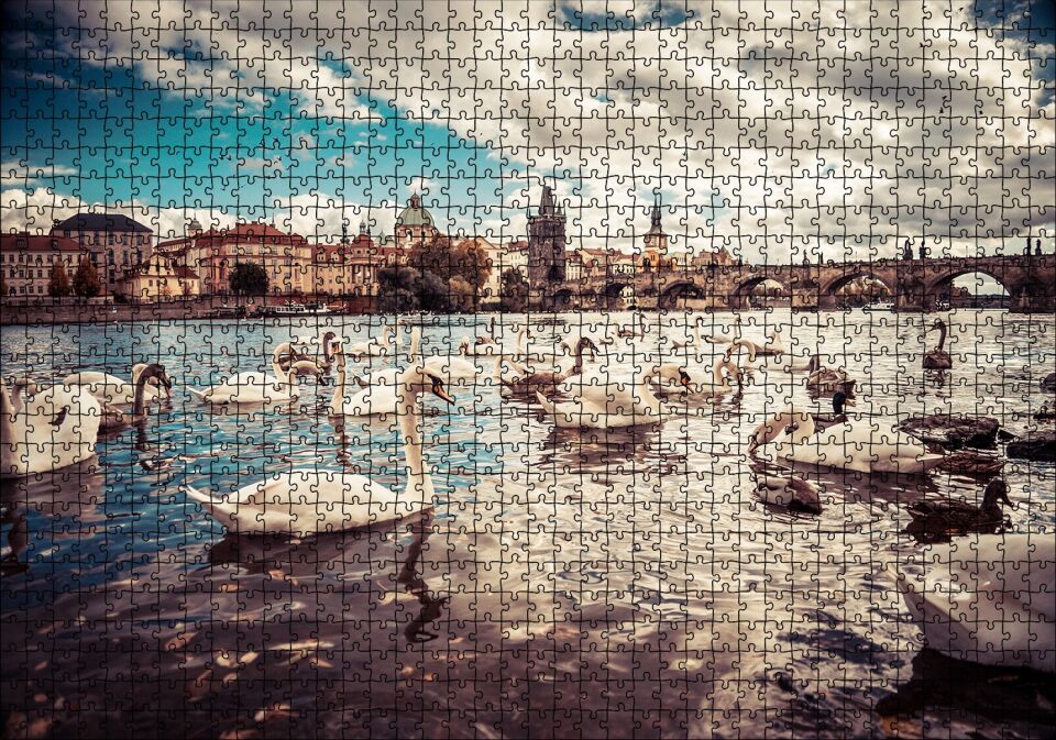 Prag Charles Köprüsü ve Kuğular Puzzle Yapboz MDF Ahşap 1000 Parça 49 cm X 68 cm