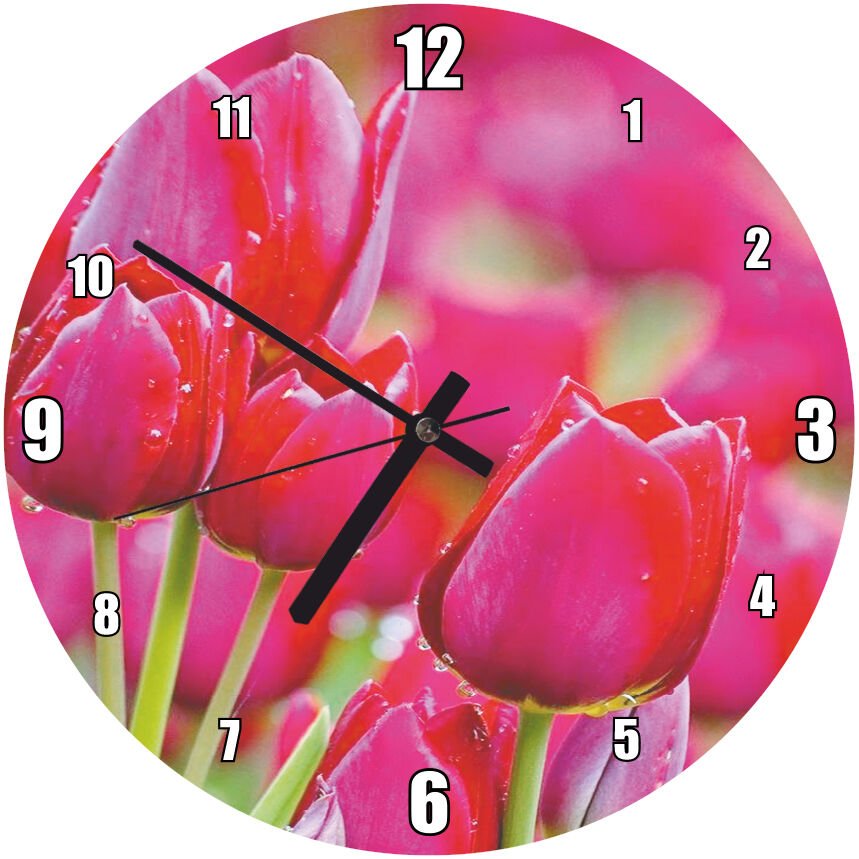 Kırmızı Lale Çiçeği Yağmur Damlacığı Mdf Ahşap Duvar Saati 30 cm Çap