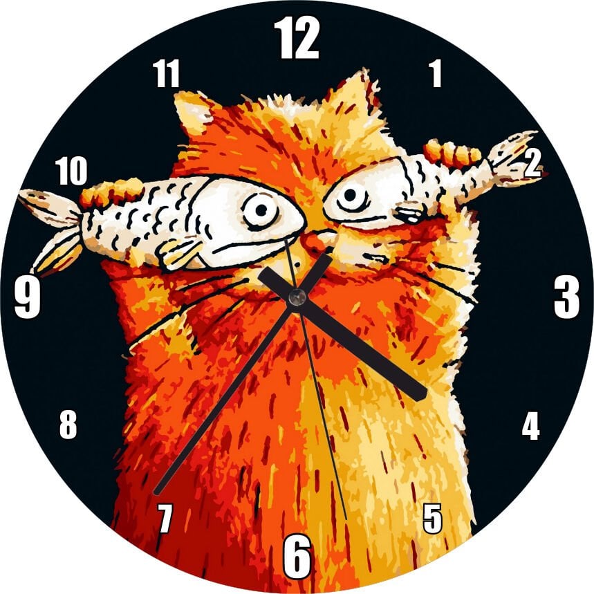 Balık Gözlü Kedi Karikatürize Mdf Ahşap Duvar Saati 30 cm Çap