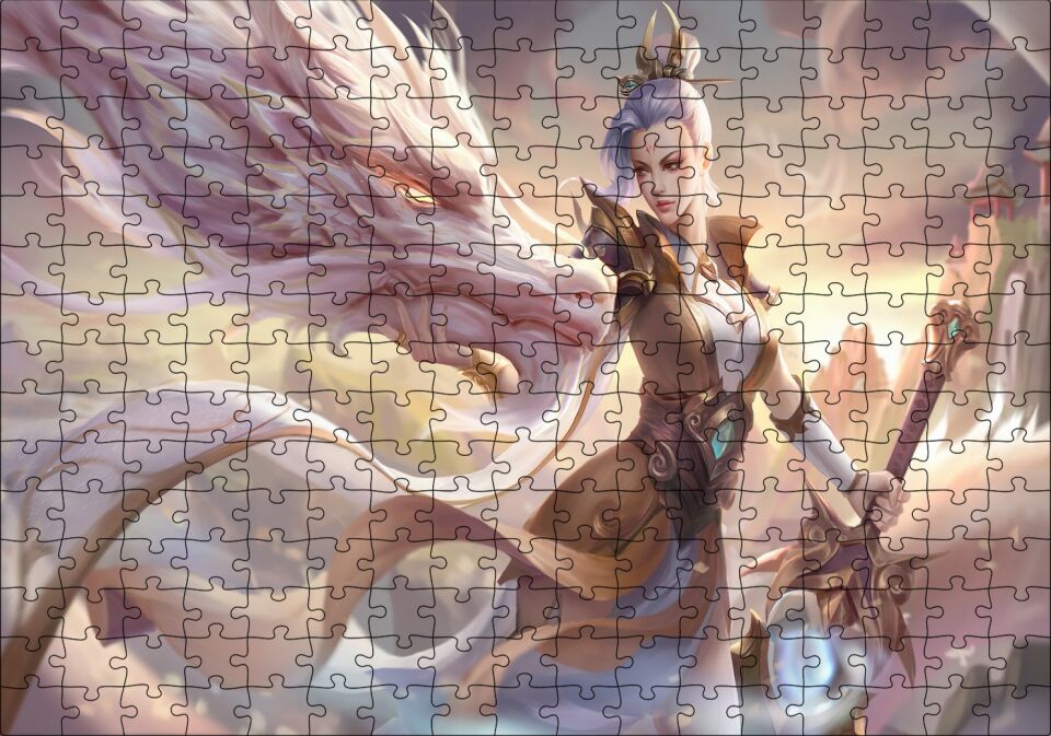 League of Legends Kadın Savaşçı ve Ak Ejderhası Puzzle Yapboz MDF Ahşap 255 Parça 34 cm X 49 cm