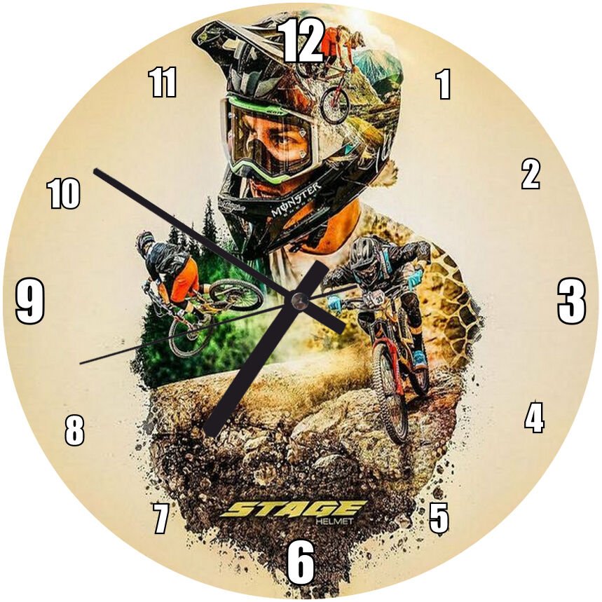 Motokros İllüstrasyon Görseli Mdf Ahşap Duvar Saati 50 cm Çap