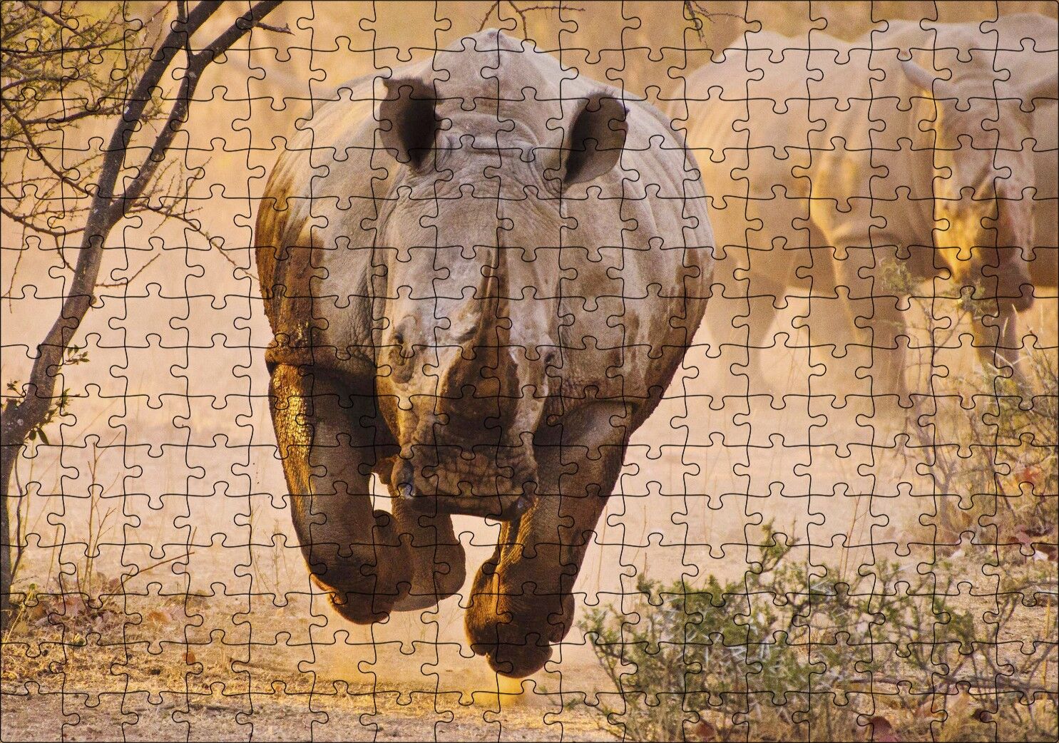 Hücum Halindeki Gergedan ve Arkada Ailesi Puzzle Yapboz MDF Ahşap 255 Parça 34 cm X 49 cm