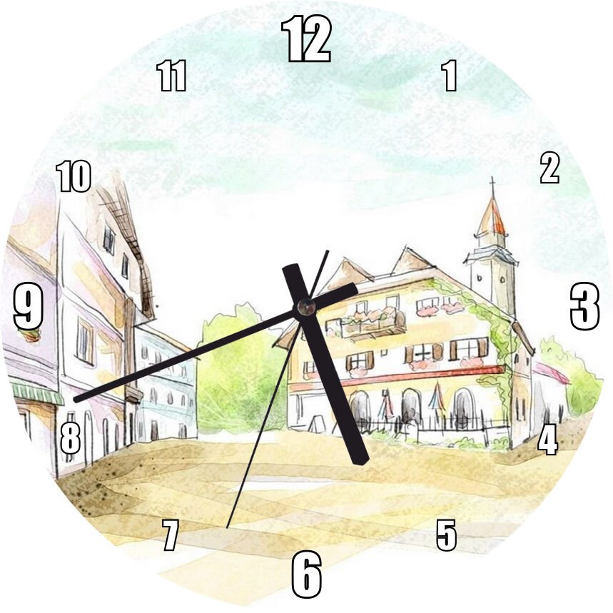 Avrupa Kasabası Kilise ve Binalar Çizim Mdf Ahşap Duvar Saati 30 cm Çap