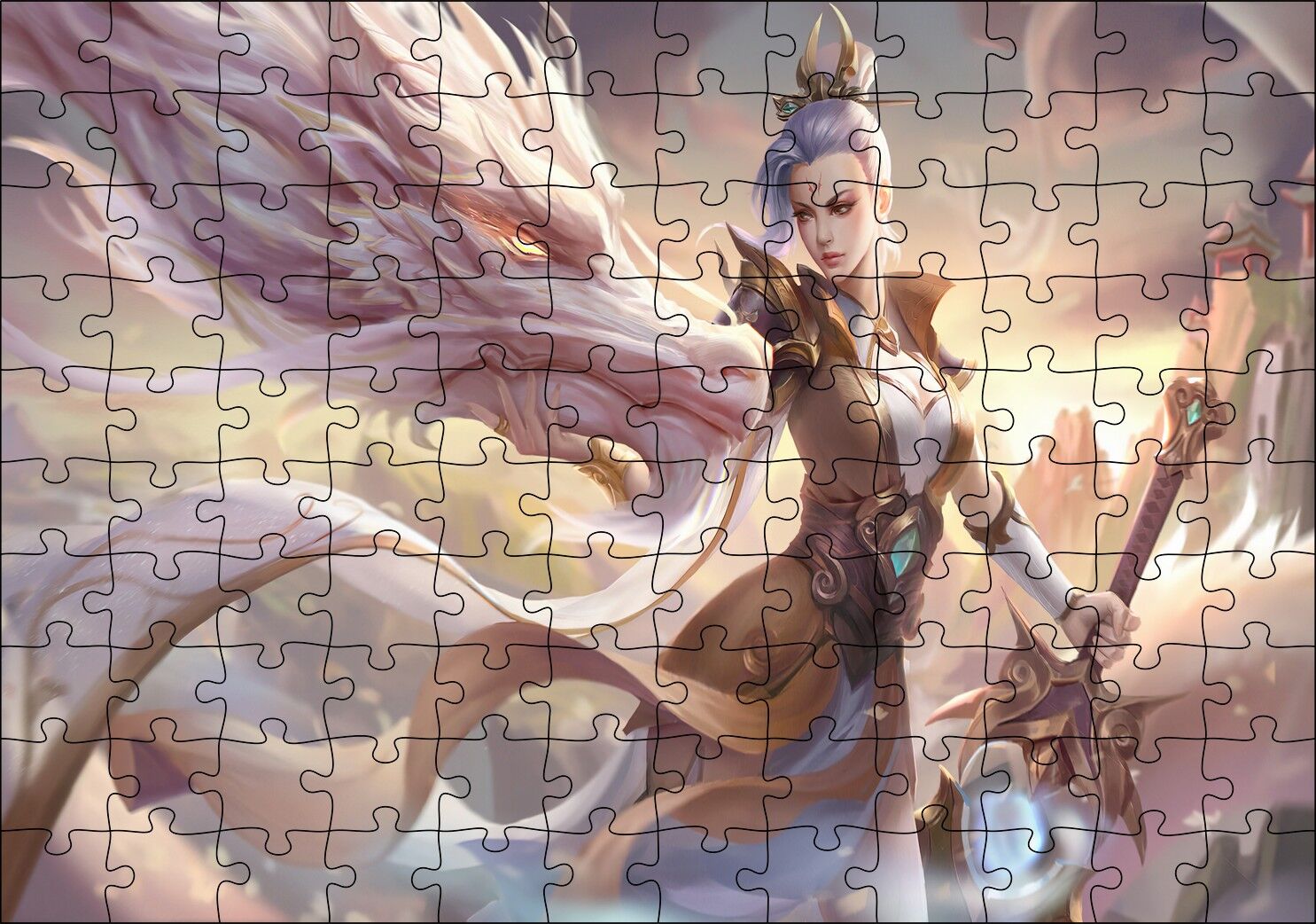 League of Legends Kadın Savaşçı ve Ak Ejderhası Puzzle Yapboz MDF Ahşap