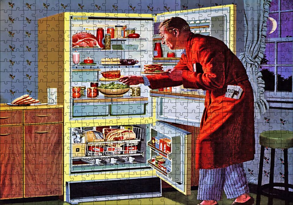 Vintage Buzdolabı ve Ropdöşambırlı Adam Puzzle Yapboz MDF Ahşap 500 Parça 49 cm X 68 cm