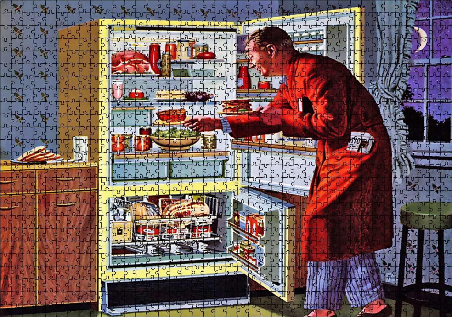 Vintage Buzdolabı ve Ropdöşambırlı Adam Puzzle Yapboz MDF Ahşap 1000 Parça 49 cm X 68 cm