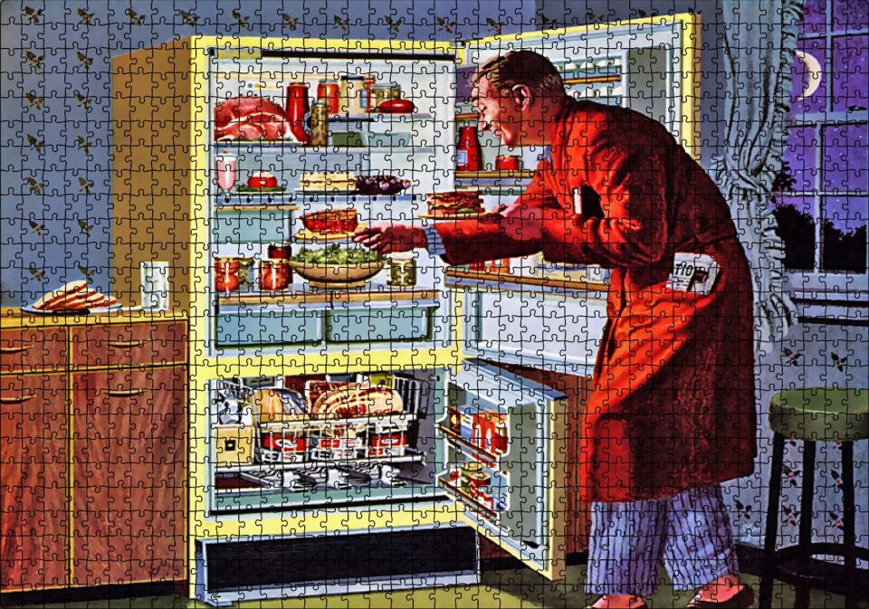 Vintage Buzdolabı ve Ropdöşambırlı Adam Puzzle Yapboz MDF Ahşap 1000 Parça 49 cm X 68 cm