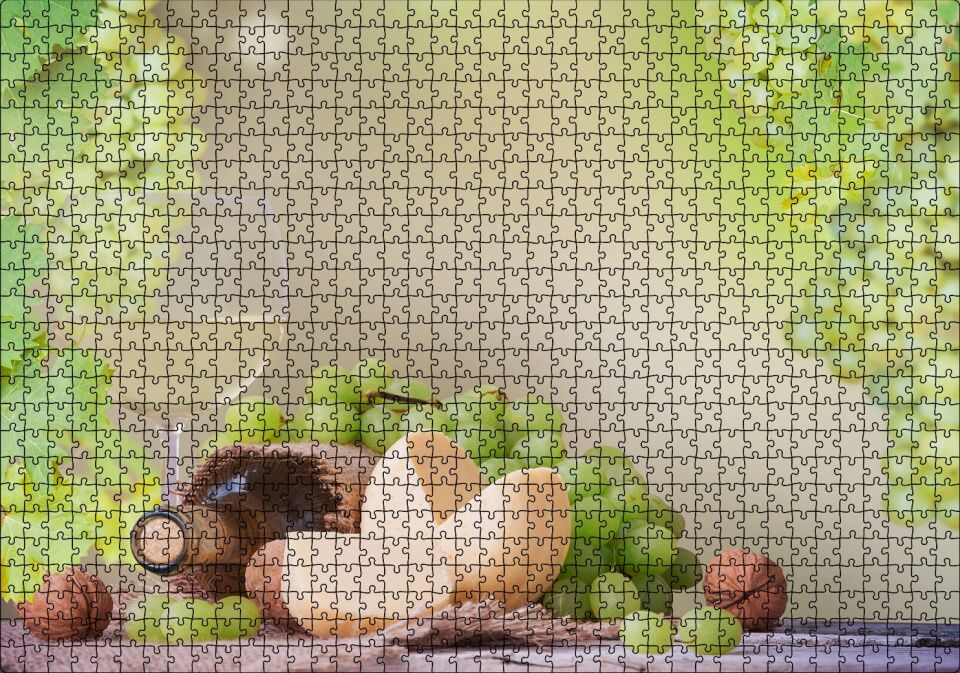 Şarap Üzüm Ceviz Peynir Görseli Puzzle Yapboz MDF Ahşap 1000 Parça 49 cm X 68 cm