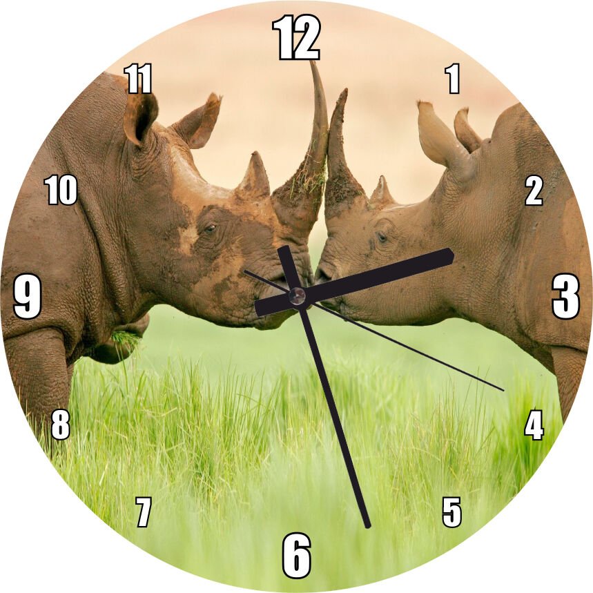 Yeşil Çayırdaki Erkek ve Dişi Gergedan Görseli Mdf Ahşap Duvar Saati