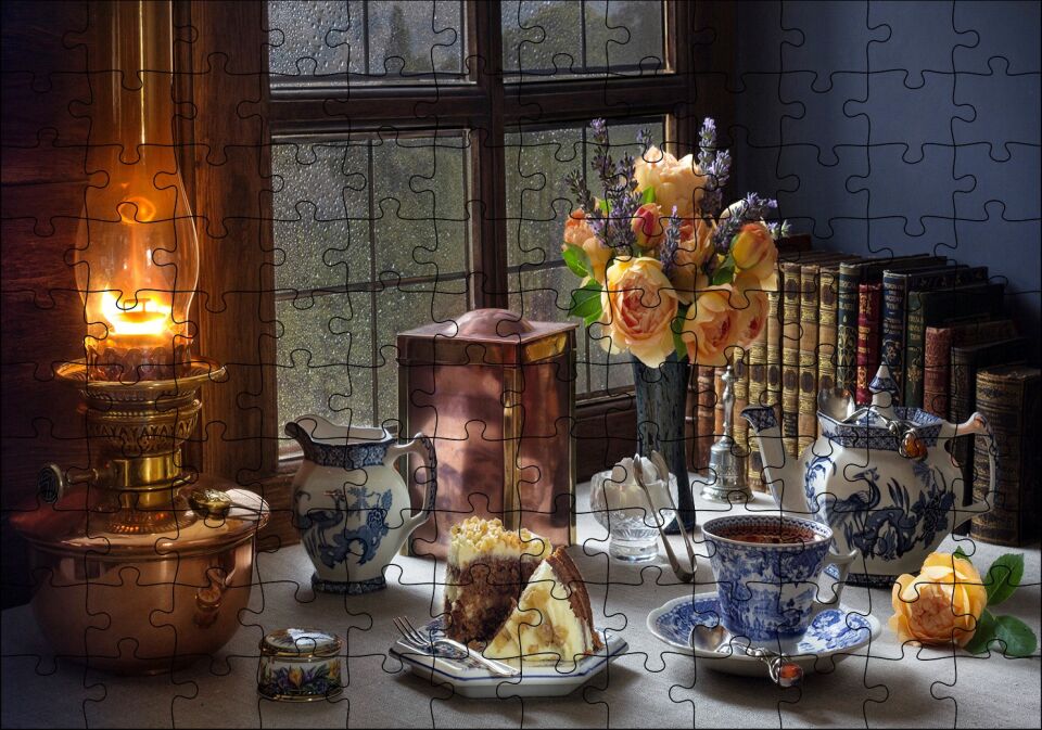 Kek Ve Çay Ambiyans Pencerede Yağmur Görseli Puzzle Yapboz MDF Ahşap