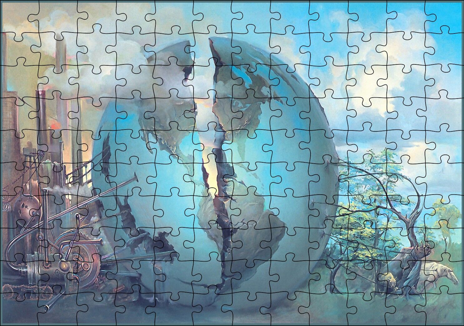 Makineleşme ve Doğanın Savaşı Dünyayı Bölüyor Puzzle Yapboz MDF Ahşap
