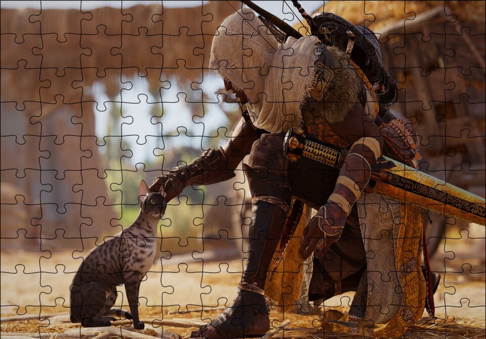 Assassins Creed Origins Mısır Kedi ve Karakter Puzzle Yapboz MDF Ahşap 120 Parça 24 cm X 34 cm