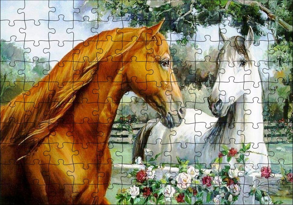 Atlar Ve Güller Yağlı Boya Resmi Puzzle Yapboz MDF Ahşap 120 Parça 24 cm X 34 cm