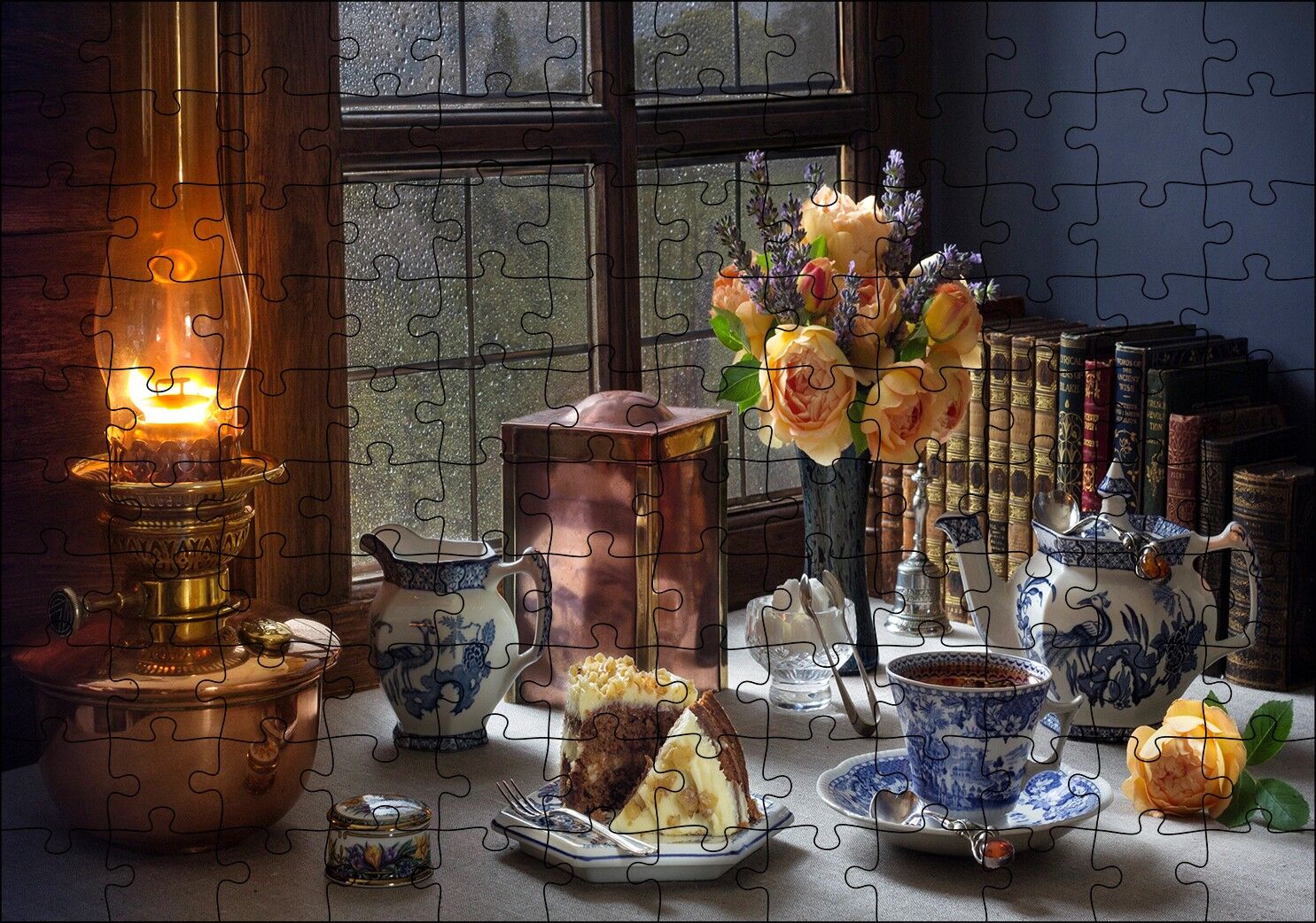 Kek Ve Çay Ambiyans Pencerede Yağmur Görseli Puzzle Yapboz MDF Ahşap 120 Parça 24 cm X 34 cm