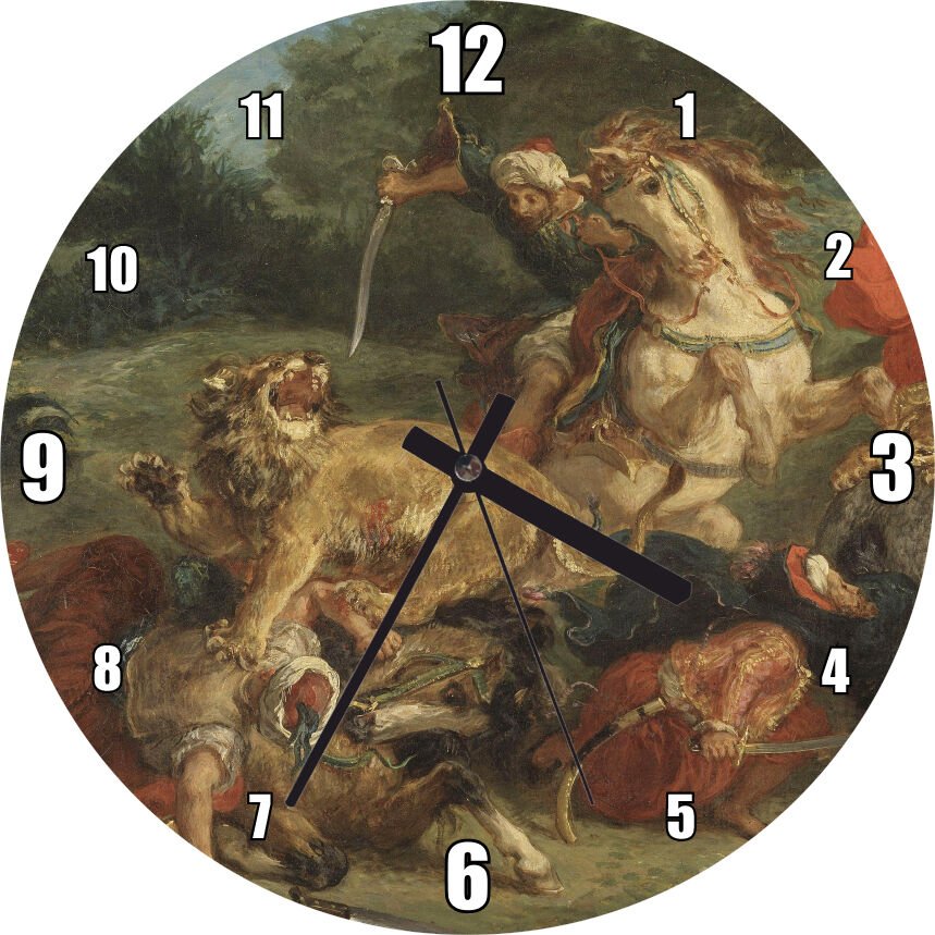 Aslan Avı  Eugène Delacroix Sanat Görseli Mdf Ahşap Duvar Saati 30 cm Çap