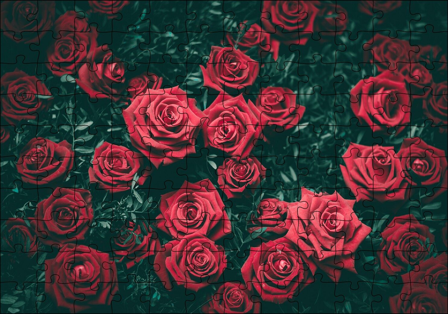 Kırmızı Güller Ve Yaprakları Görseli Puzzle Yapboz MDF Ahşap