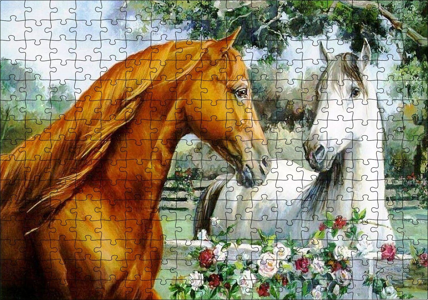 Atlar Ve Güller Yağlı Boya Resmi Puzzle Yapboz MDF Ahşap 255 Parça 34 cm X 49 cm