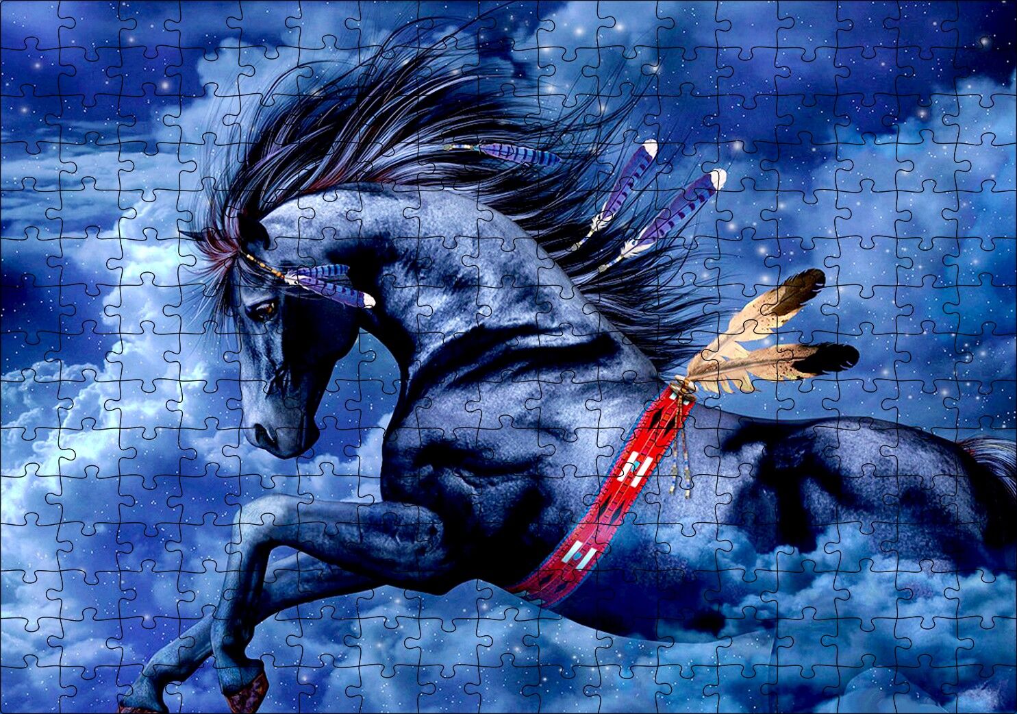 Siyah Kızılderili Atı ve Bulutlu Gökler Puzzle Yapboz MDF Ahşap 255 Parça 34 cm X 49 cm