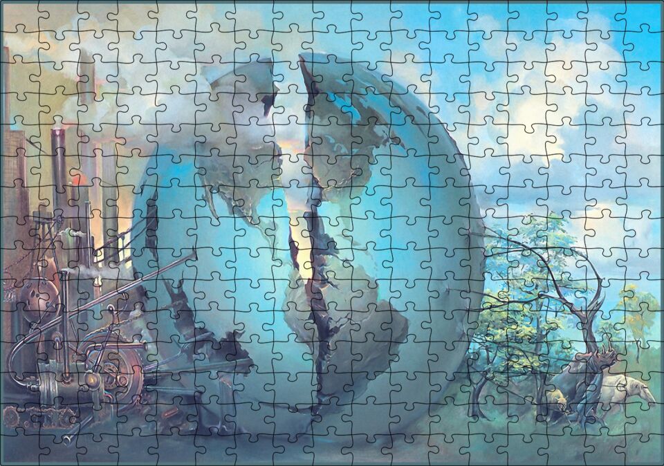 Makineleşme ve Doğanın Savaşı Dünyayı Bölüyor Puzzle Yapboz MDF Ahşap 255 Parça 34 cm X 49 cm