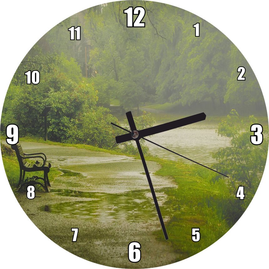 Yağmurda Yemyeşil Orman ve Boş Bank  Görseli Mdf Ahşap Duvar Saati