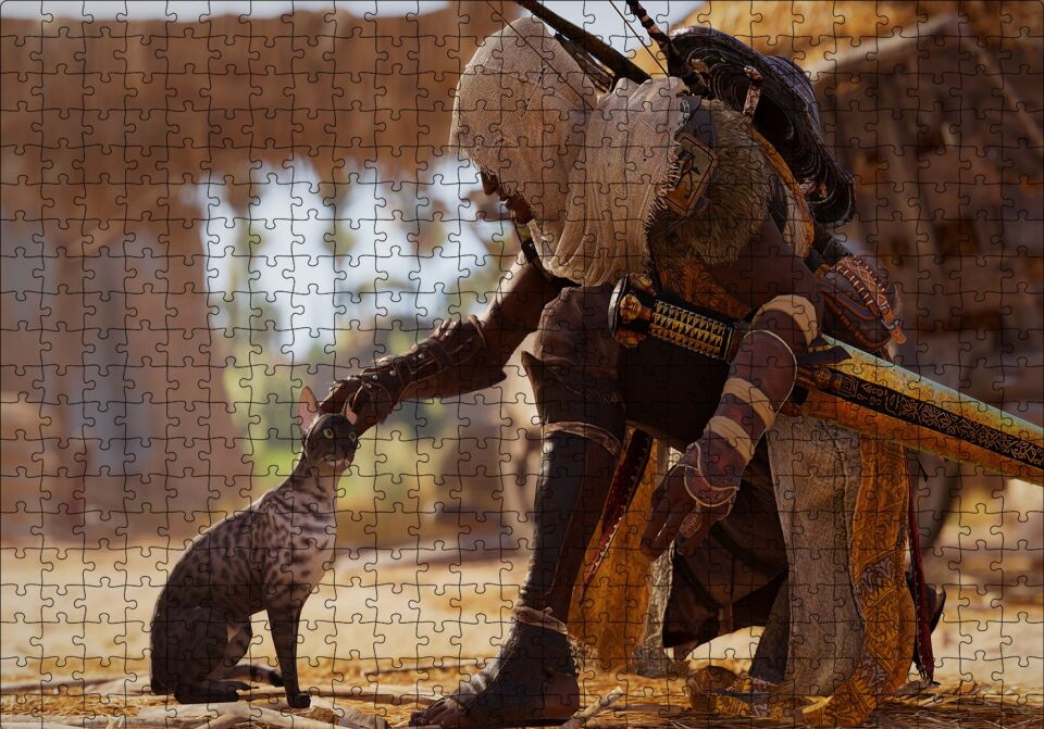 Assassins Creed Origins Mısır Kedi ve Karakter Puzzle Yapboz MDF Ahşap 500 Parça 49 cm X 68 cm