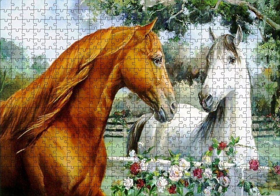 Atlar Ve Güller Yağlı Boya Resmi Puzzle Yapboz MDF Ahşap 500 Parça 49 cm X 68 cm