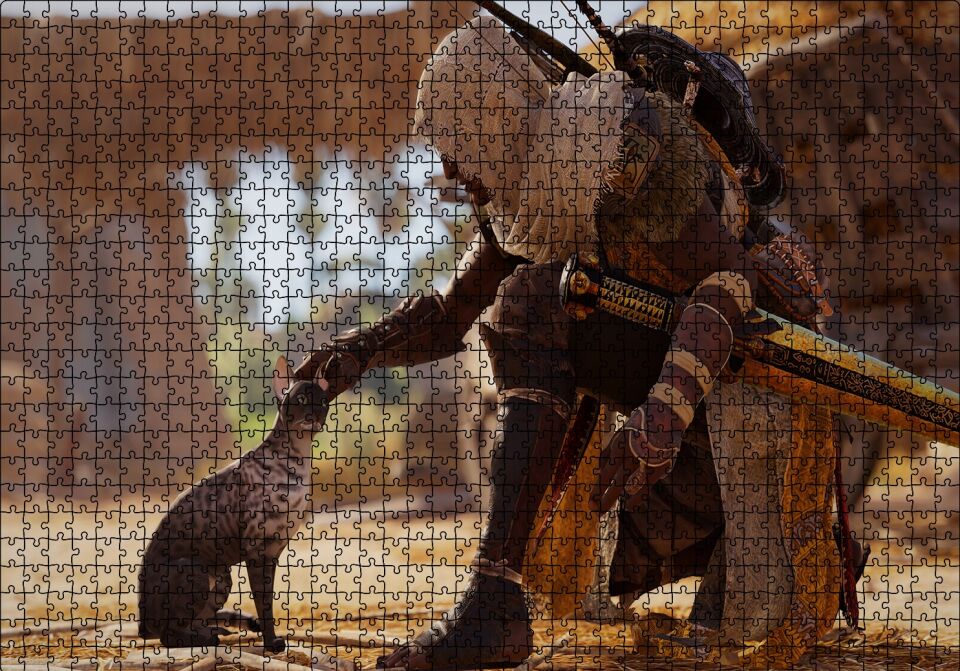 Assassins Creed Origins Mısır Kedi ve Karakter Puzzle Yapboz MDF Ahşap 1000 Parça 49 cm X 68 cm