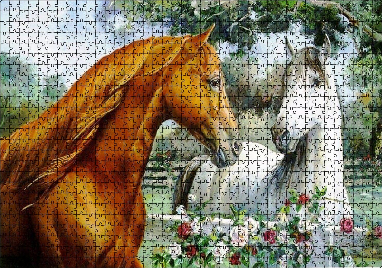 Atlar Ve Güller Yağlı Boya Resmi Puzzle Yapboz MDF Ahşap 1000 Parça 49 cm X 68 cm