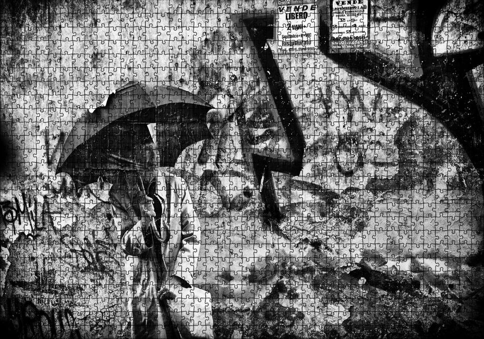 Şemsiyeli Adam Duvar Boyama Puzzle Yapboz MDF Ahşap 1000 Parça 49 cm X 68 cm