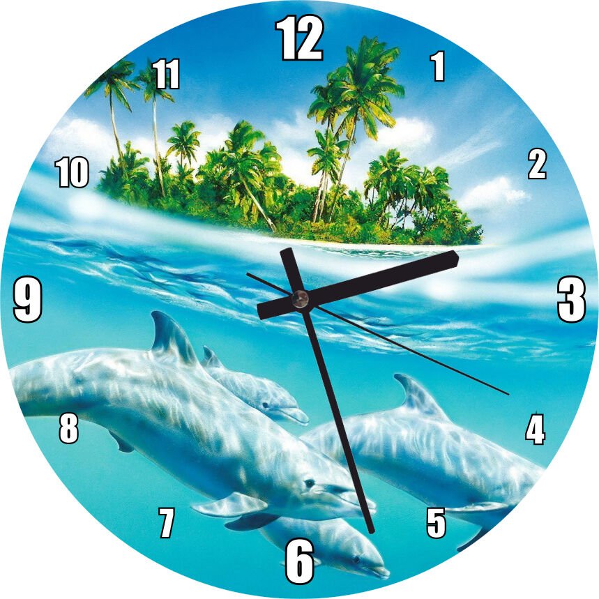 Yüzen Yunuslar ve Adacık Fantastik Mdf Ahşap Duvar Saati