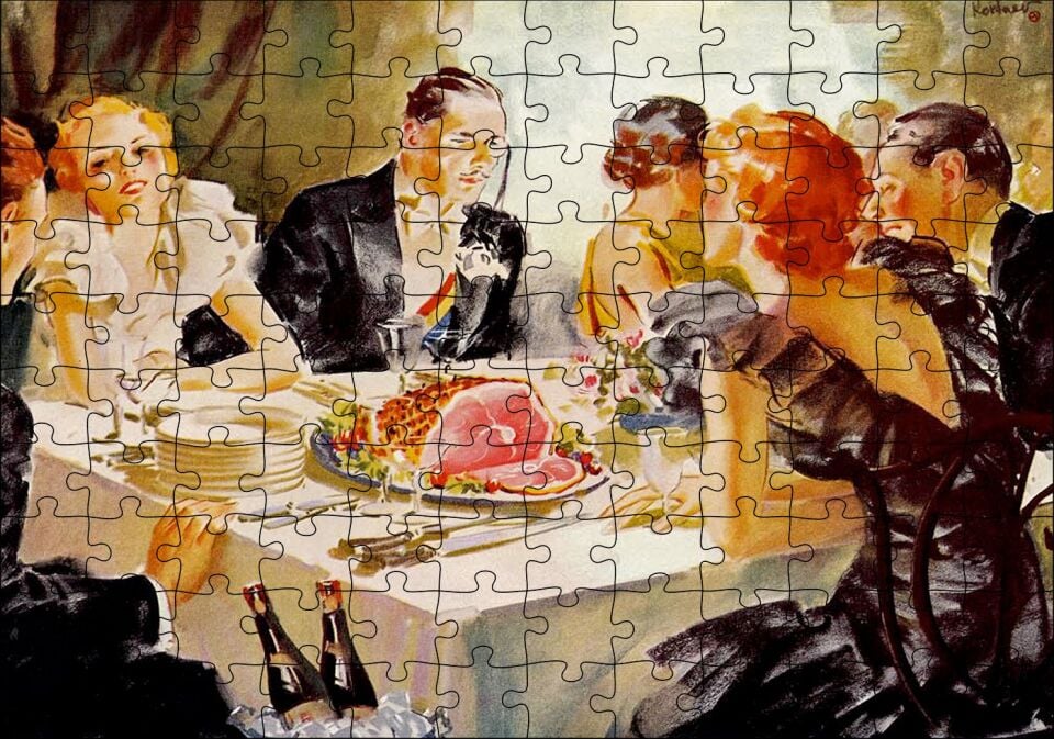 Yağlıboya Görünümlü Yemek Masası ve Konuklar Puzzle Yapboz MDF Ahşap 120 Parça 24 cm X 34 cm