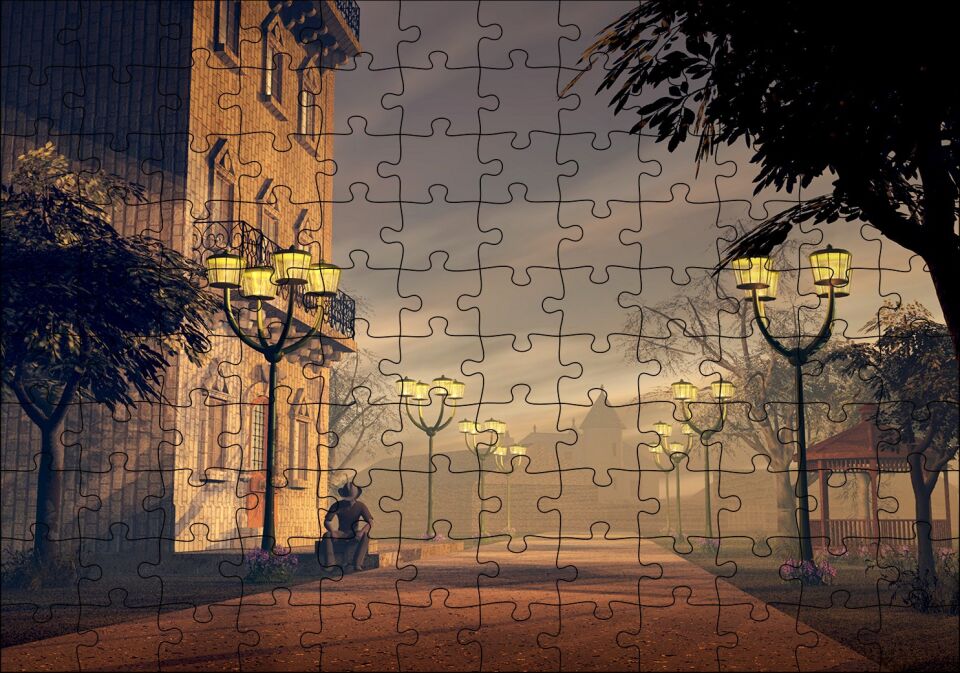 Sokak Lambaları Bulutlar ve Şapkalı Adam Puzzle Yapboz MDF Ahşap 120 Parça 24 cm X 34 cm