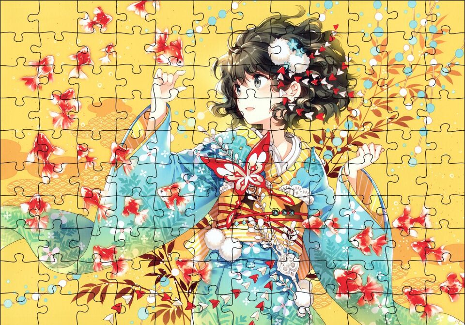 Anime Kimonolu Kız ve Japon Balıkları Puzzle Yapboz MDF Ahşap