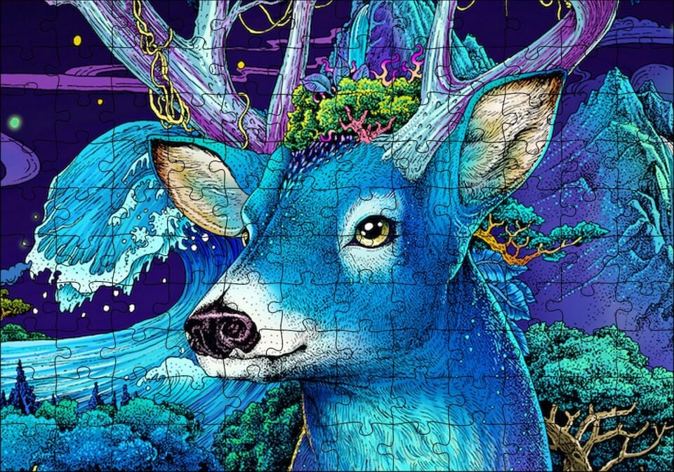 Mavi Temalı Geyik Yakın Plan Puzzle Yapboz MDF Ahşap