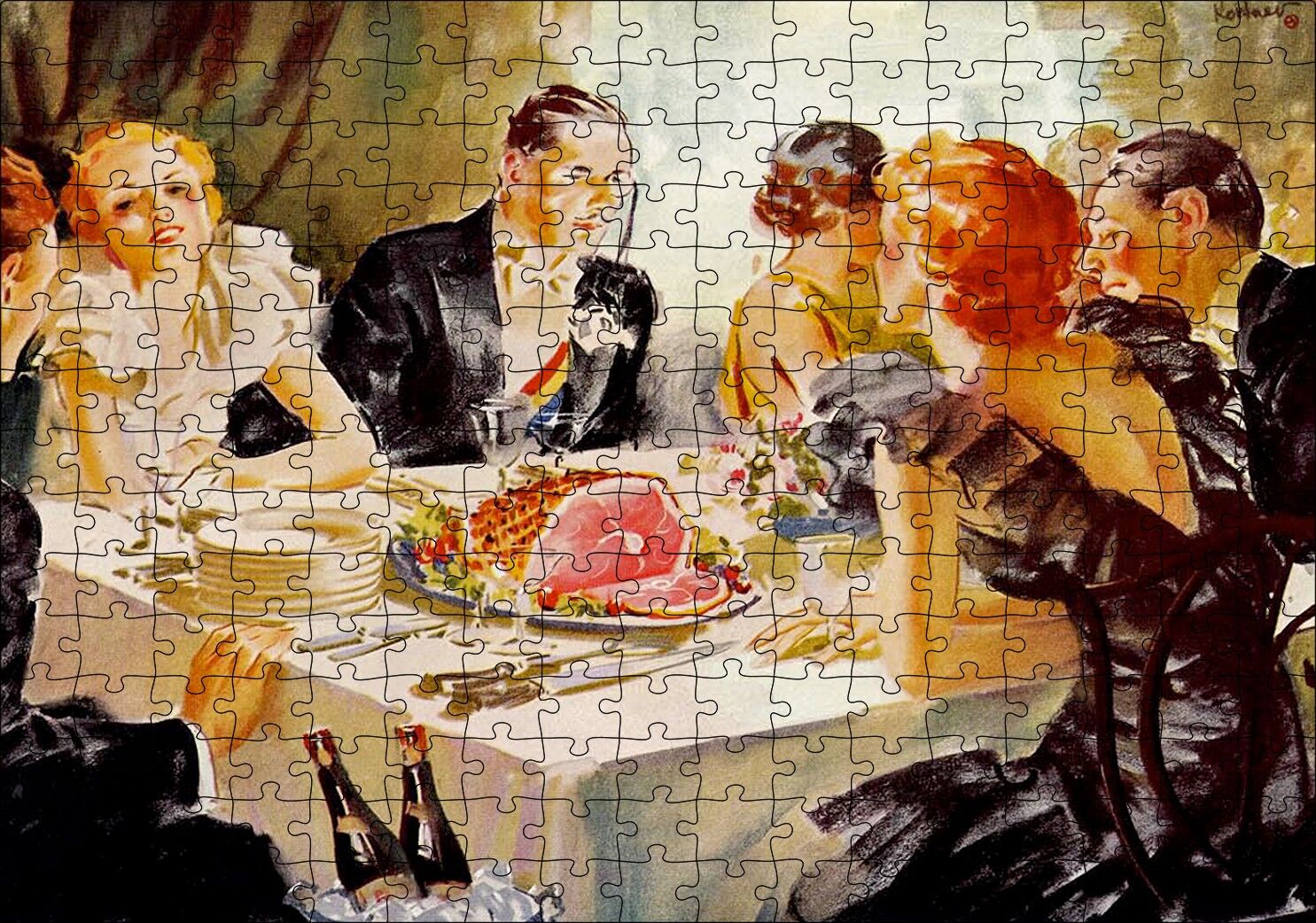 Yağlıboya Görünümlü Yemek Masası ve Konuklar Puzzle Yapboz MDF Ahşap 255 Parça 34 cm X 49 cm